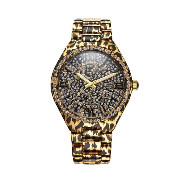 PB Watch Women Black Leopard Print Ladies White Crystal Watches